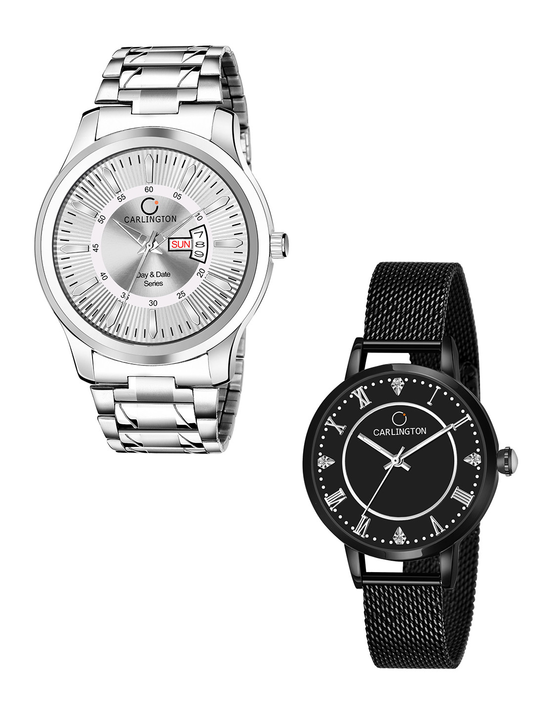 

CARLINGTON Unisex Set of 2 Silver-Toned Dial & Silver Toned Straps Analogue Watch