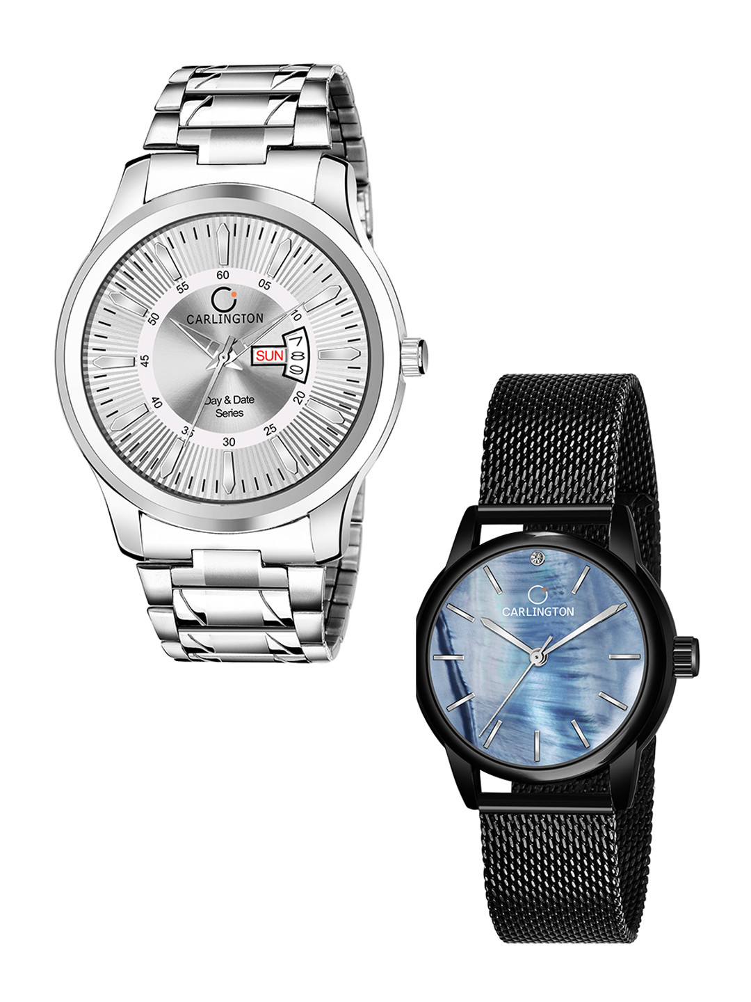 

CARLINGTON Unisex Set of 2 Silver-Toned Printed Dial & Silver Toned Straps Analogue Watch