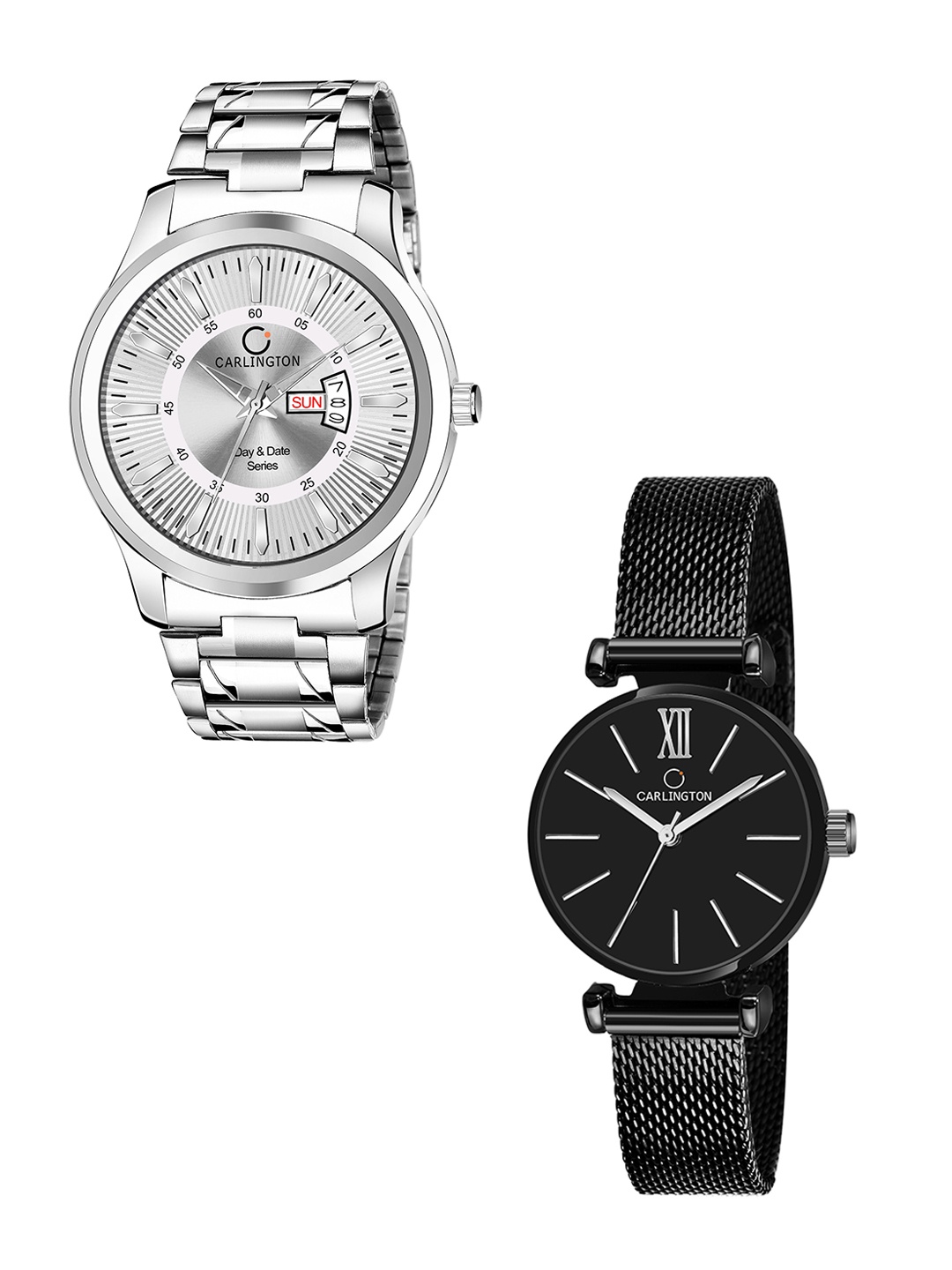 

CARLINGTON Unisex Set of 2 Silver-Toned Dial & Silver Toned Straps Analogue Watch