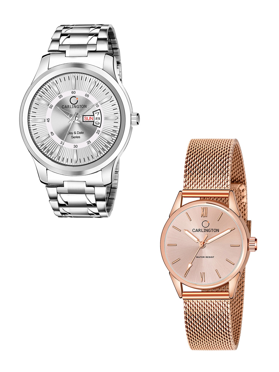 

CARLINGTON Unisex Set of 2 Silver-Toned Dial & Silver Toned Straps Analogue Watch