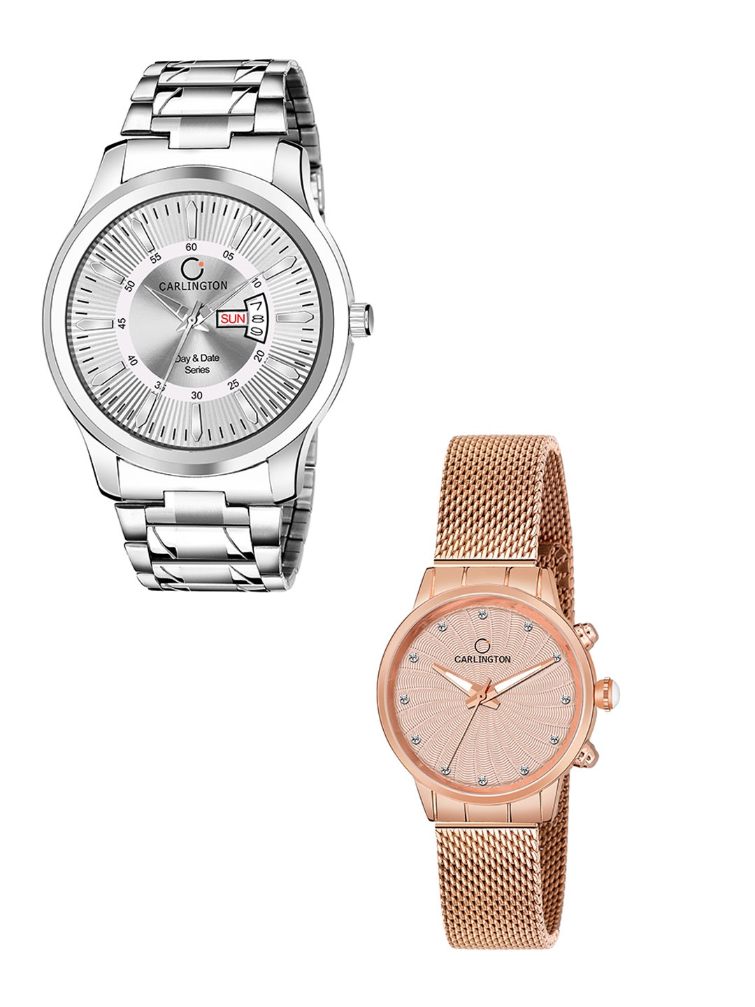 

CARLINGTON Unisex Set of 2 Silver-Toned Dial & Silver Toned Straps Analogue Watch