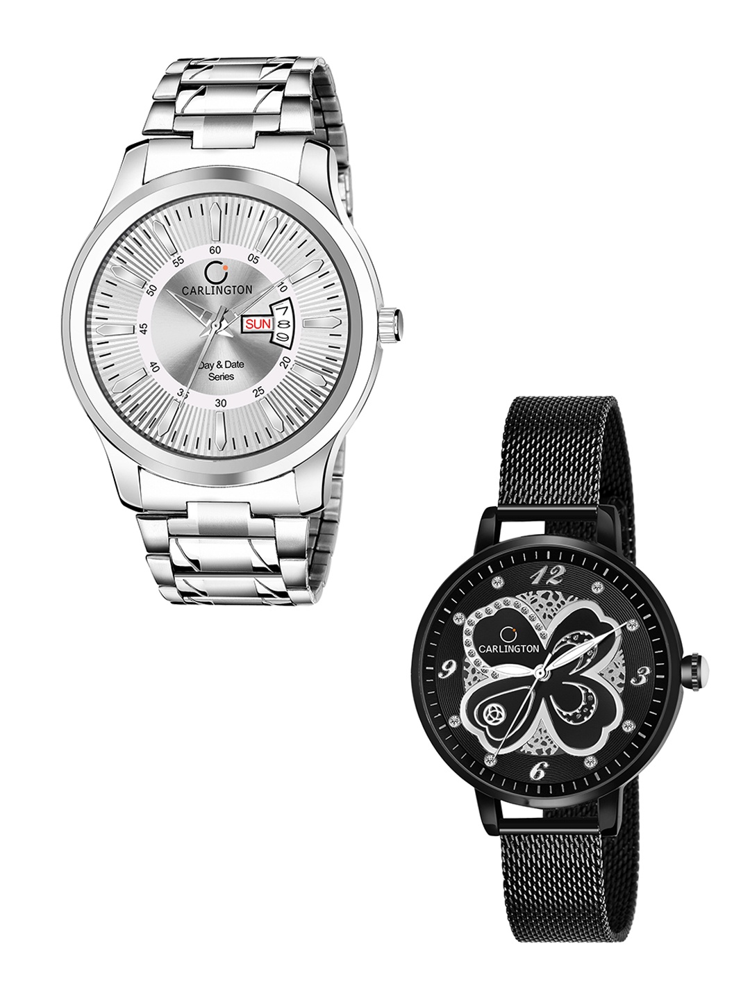 

CARLINGTON Unisex Set of 2 Silver-Toned Dial & Silver Toned Straps Analogue Watch