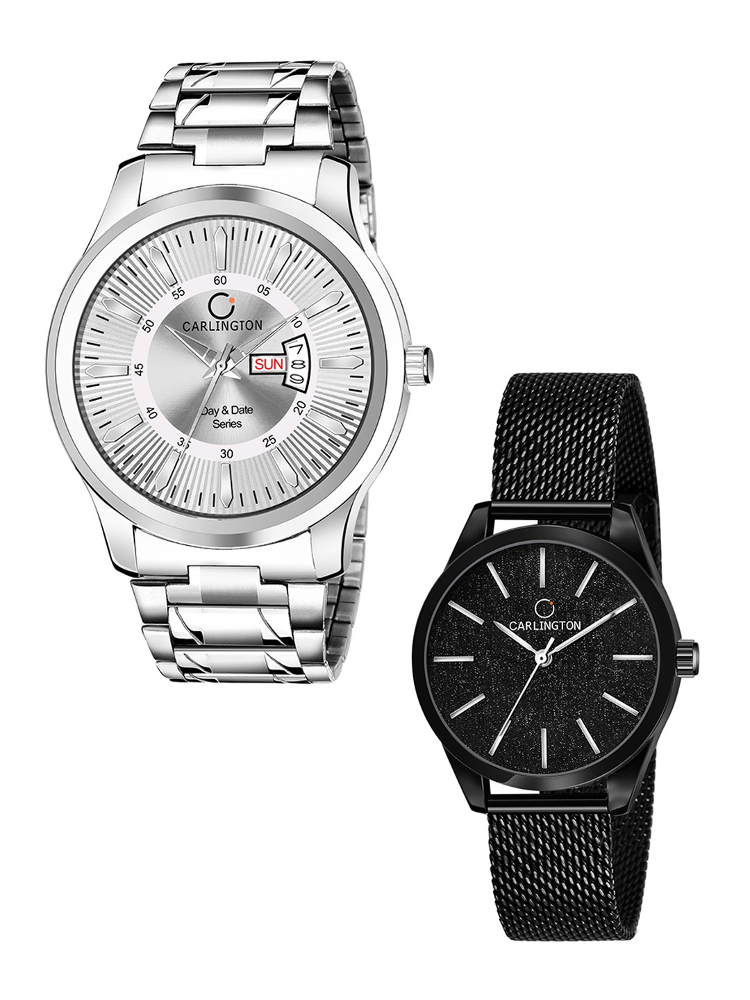 

CARLINGTON Unisex Set of 2 Silver-Toned Dial & Silver Toned Straps Analogue Watch