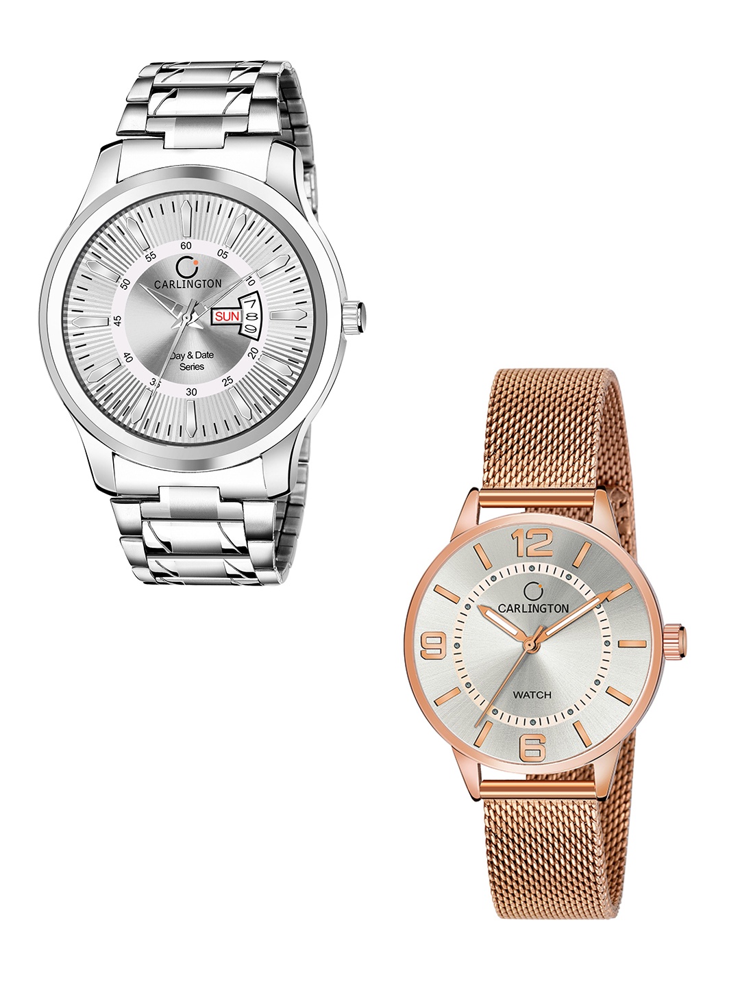 

CARLINGTON Unisex Set of 2 Silver-Toned Dial & Silver Toned Leather Analogue Watch