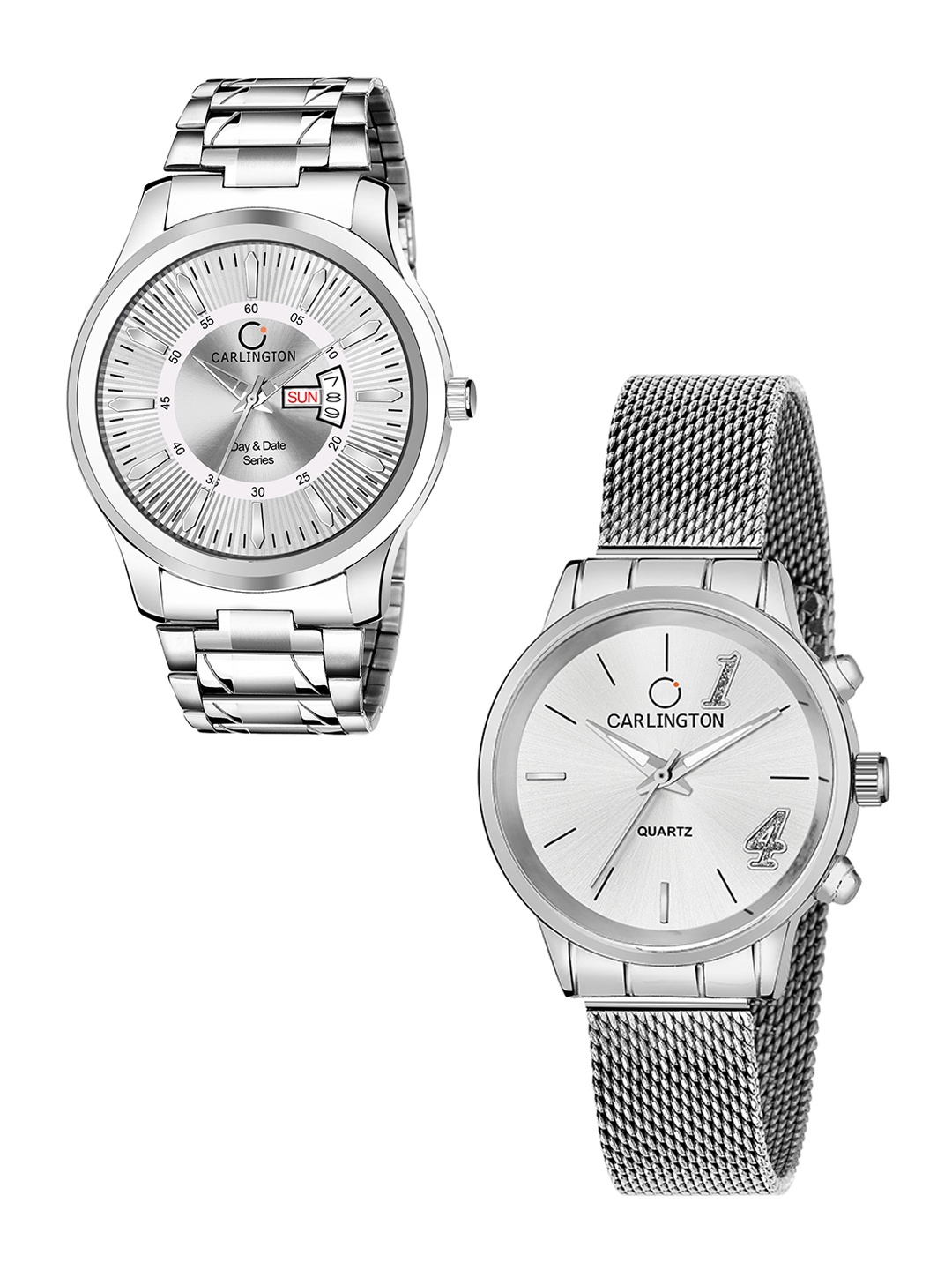 

CARLINGTON Unisex Set of 2 Silver-Toned Dial & Silver Toned Straps Analogue Watch