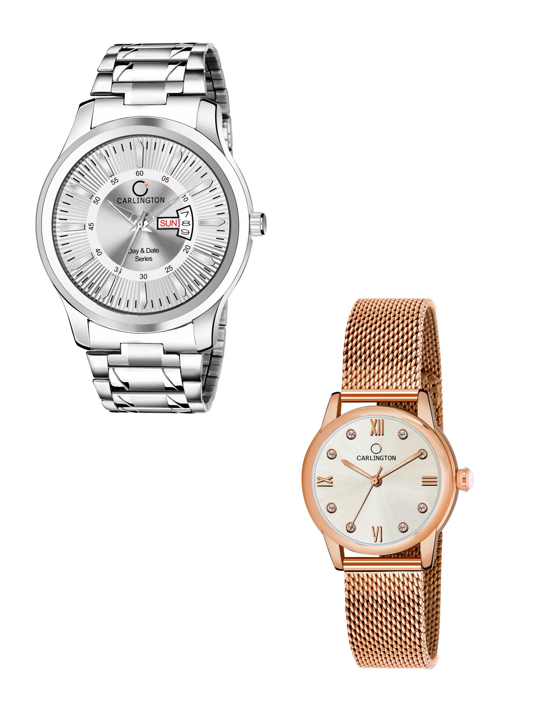 

CARLINGTON Unisex Set of 2 Silver-Toned Dial & Silver Toned Straps Analogue Watch