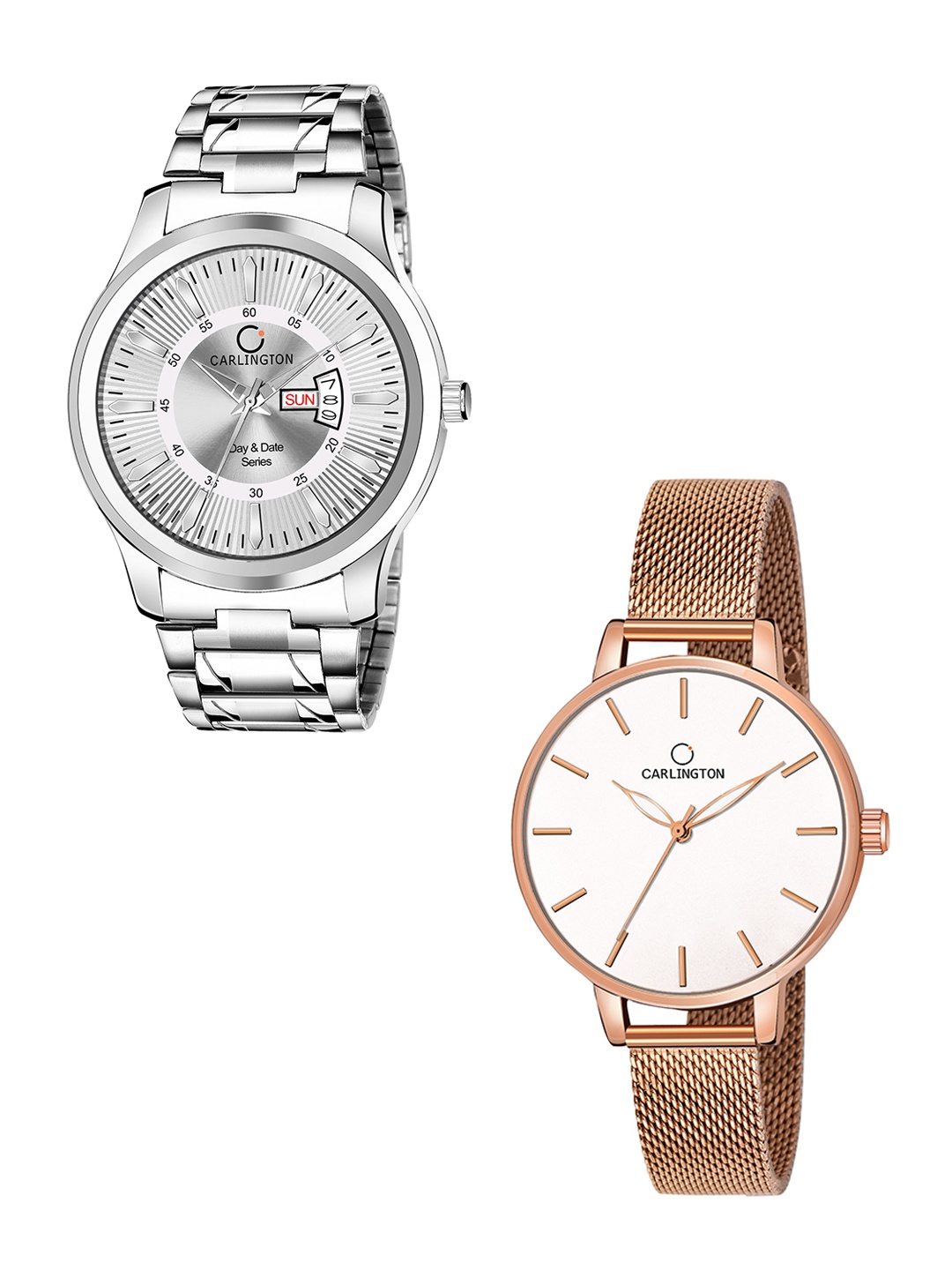 

CARLINGTON Unisex Set of 2 Silver-Toned Dial & Silver Toned Straps Analogue Watch