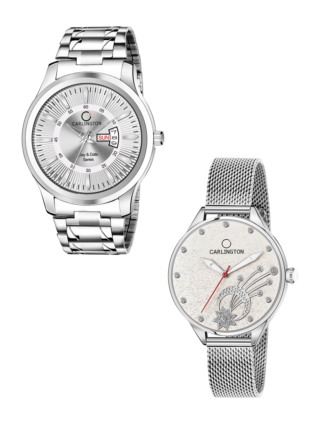 

CARLINGTON Unisex Set of 2 Silver-Toned Dial & Silver Toned Straps Analogue Watch