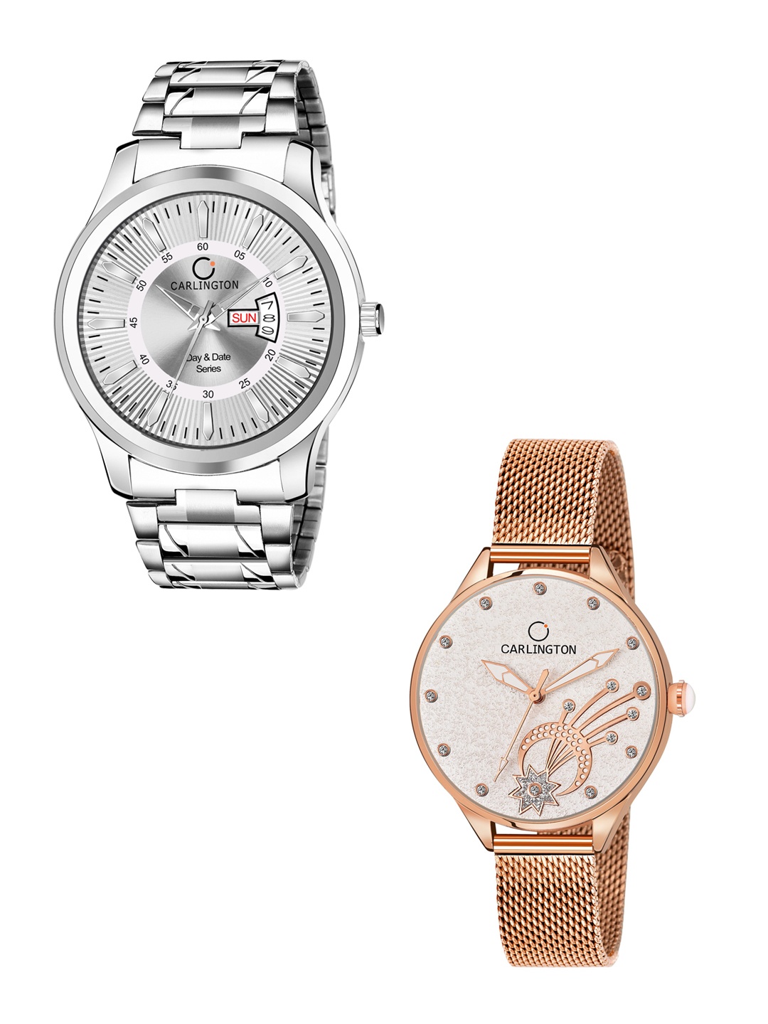 

CARLINGTON Unisex Set of 2 Silver-Toned Dial & Silver Toned Straps Analogue Watch