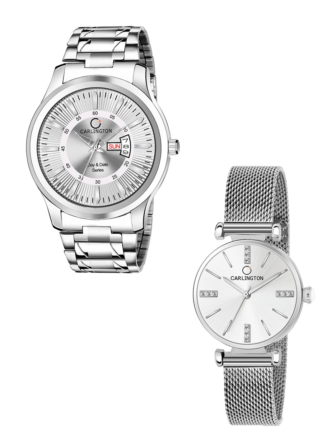 

CARLINGTON Unisex Set of 2 Silver-Toned Dial & Silver Toned Straps Analogue Watch