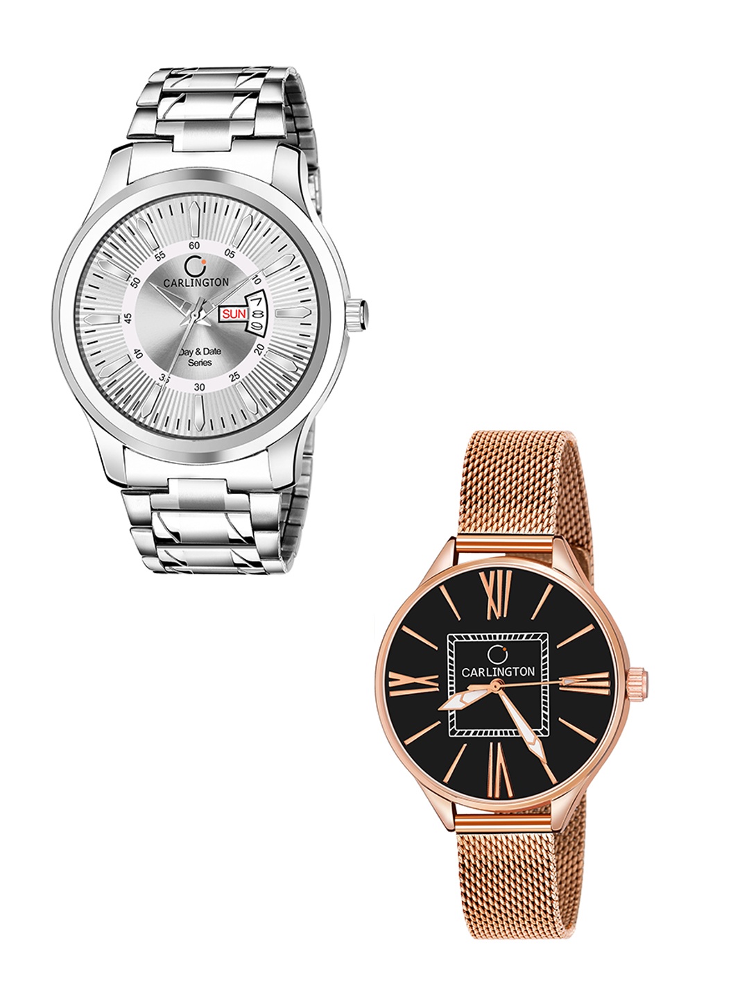 

CARLINGTON Unisex Set of 2 Silver-Toned Dial & Silver Toned Straps Analogue Watch