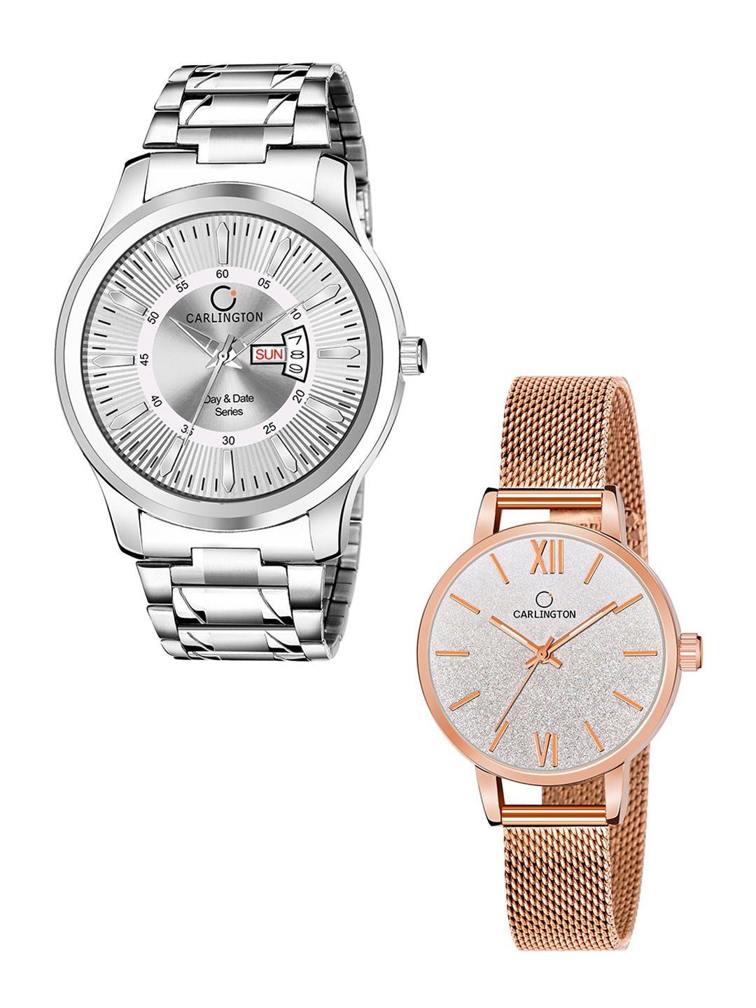 

CARLINGTON Unisex Set of 2 Silver-Toned Dial & Silver Toned Straps Analogue Watch