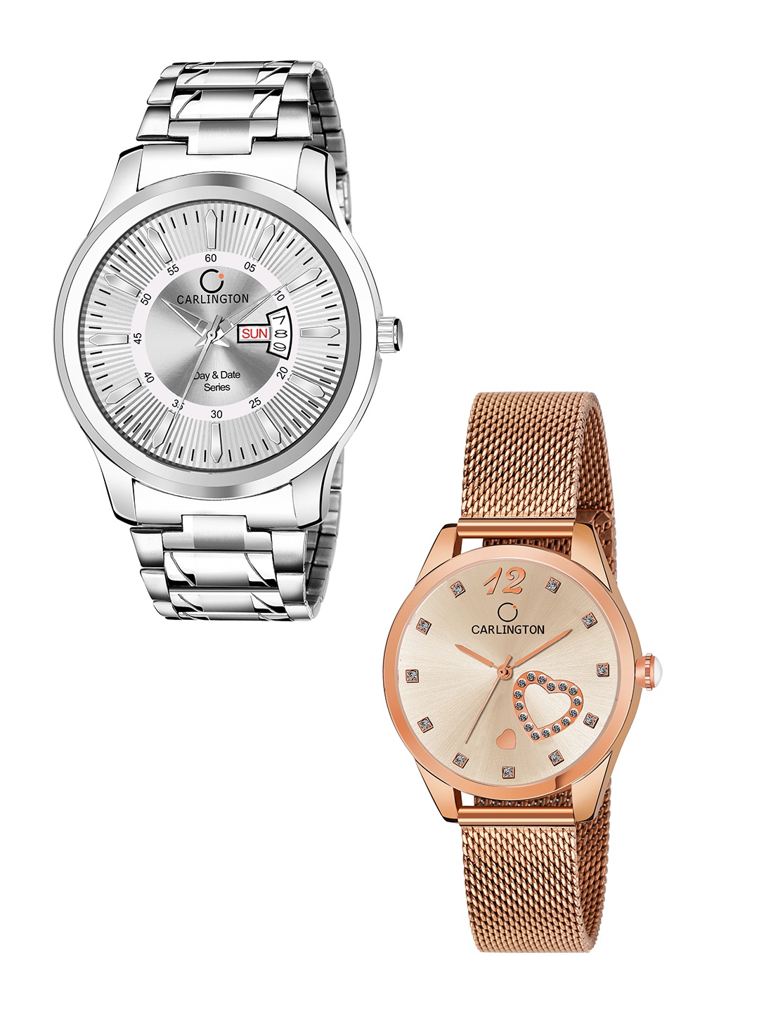 

CARLINGTON Unisex Set of 2 Silver-Toned Dial & Silver Toned Straps Analogue Watch