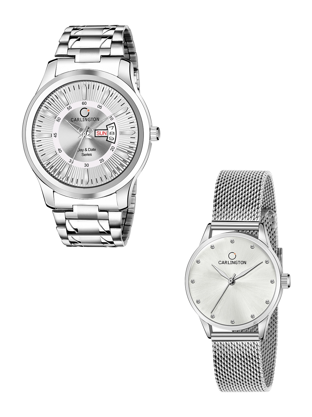 

CARLINGTON Unisex Set of 2 Silver-Toned Dial & Silver Toned Straps Analogue Watch