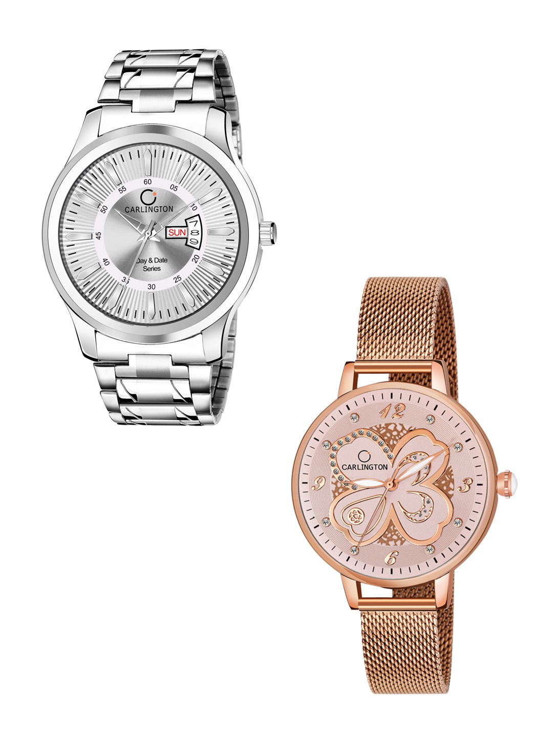 

CARLINGTON Unisex Set of 2 Silver-Toned Dial & Silver Toned Straps Analogue Watch