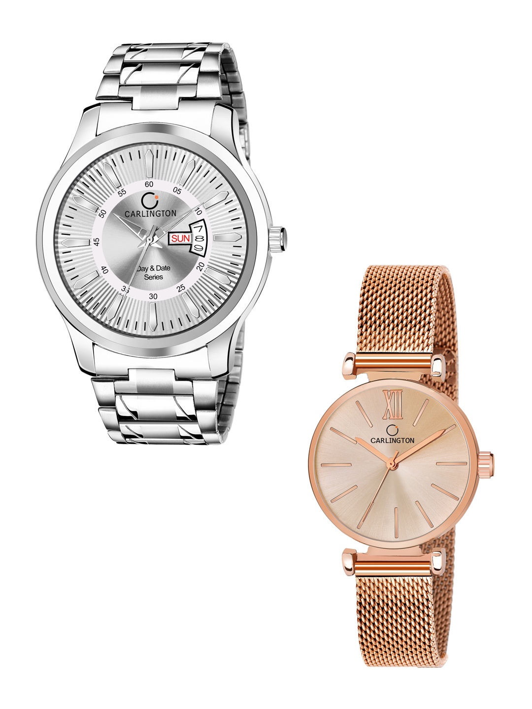 

CARLINGTON Unisex Set of 2 Silver-Toned Dial & Silver Toned Straps Analogue Watch