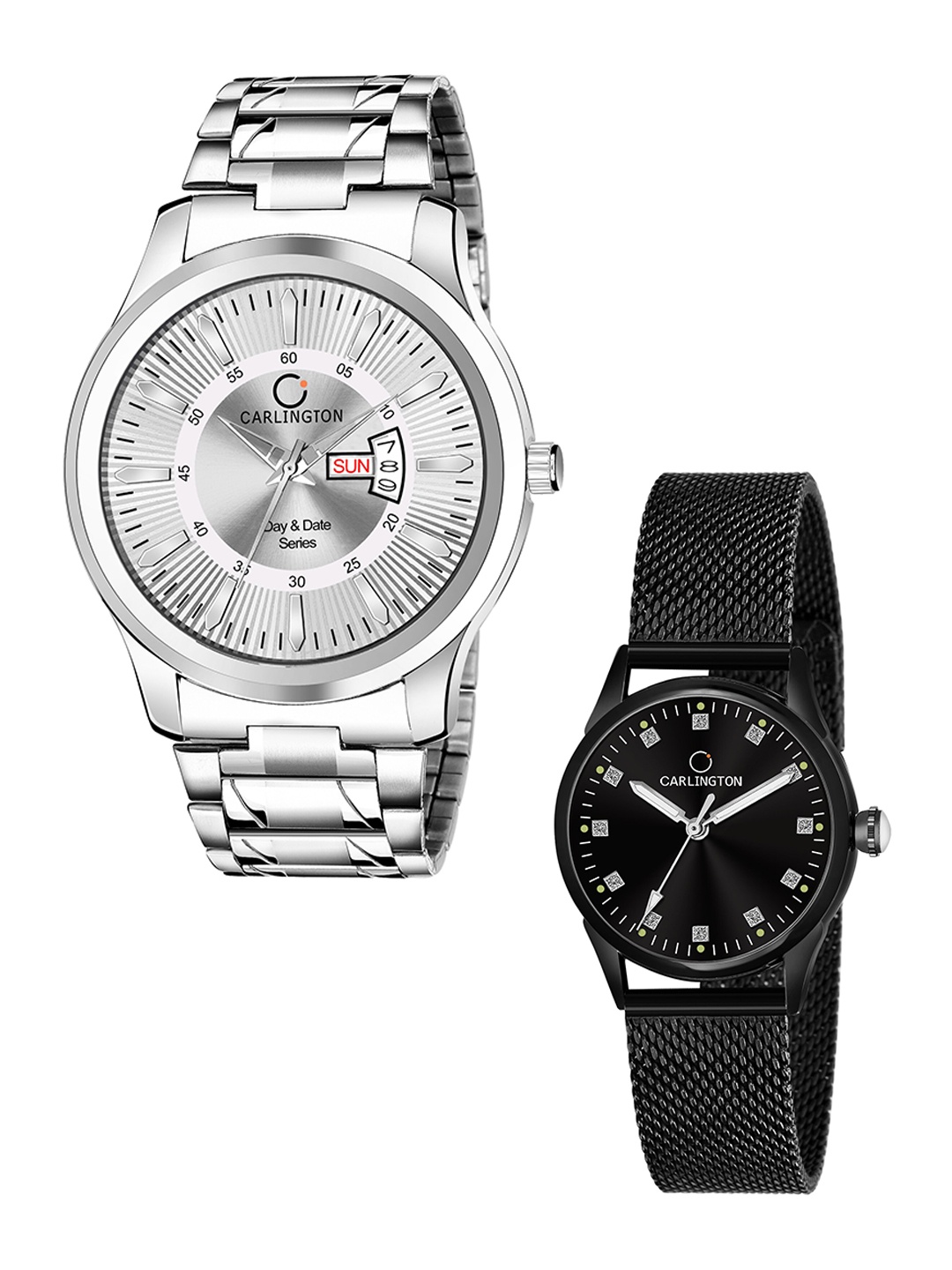 

CARLINGTON Unisex Set of 2 Silver-Toned Dial & Straps Analogue Watch CT2003 Black