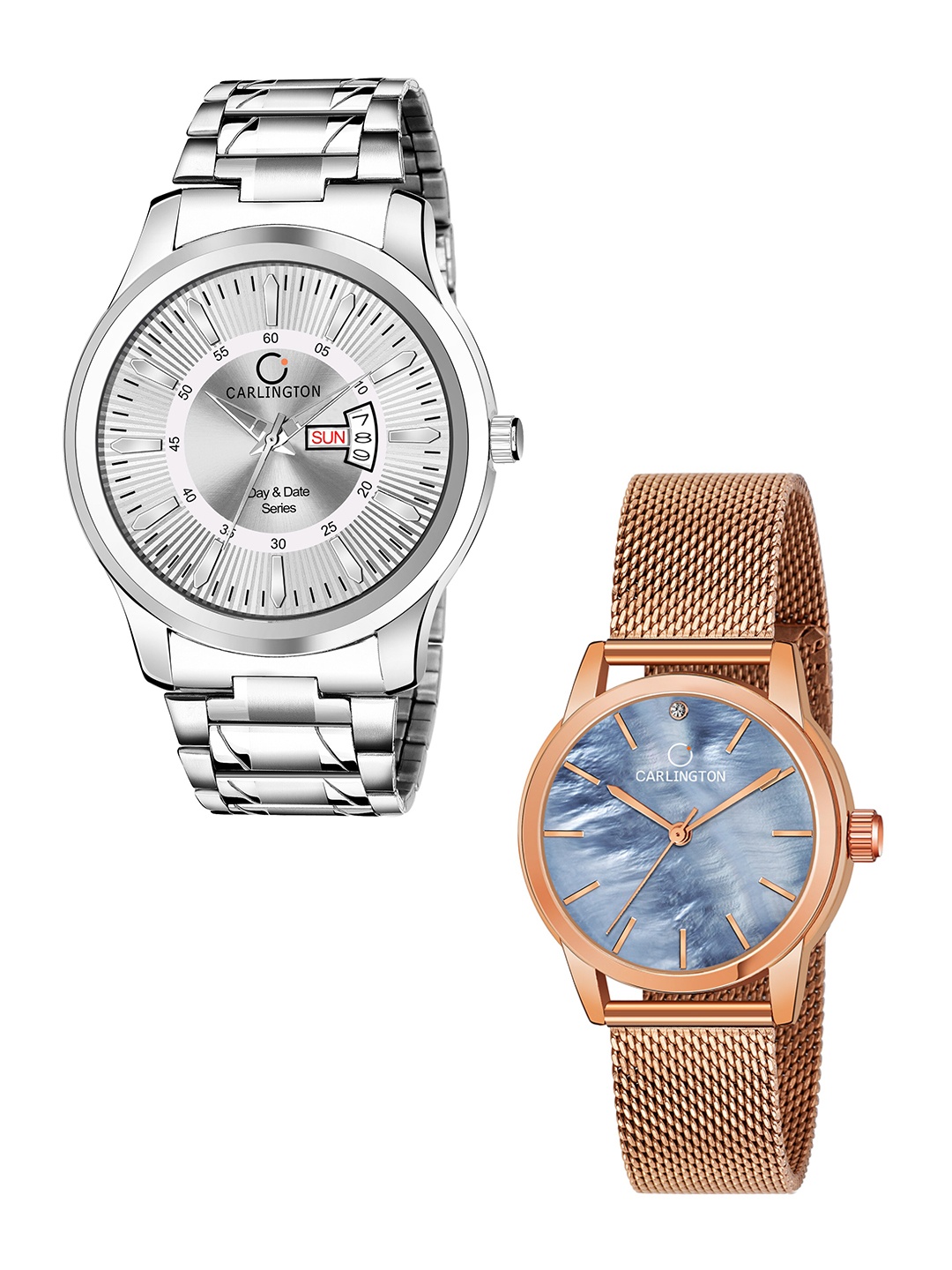 

CARLINGTON Unisex Set of 2 Silver-Toned Dial & Silver Toned Straps Analogue Watch