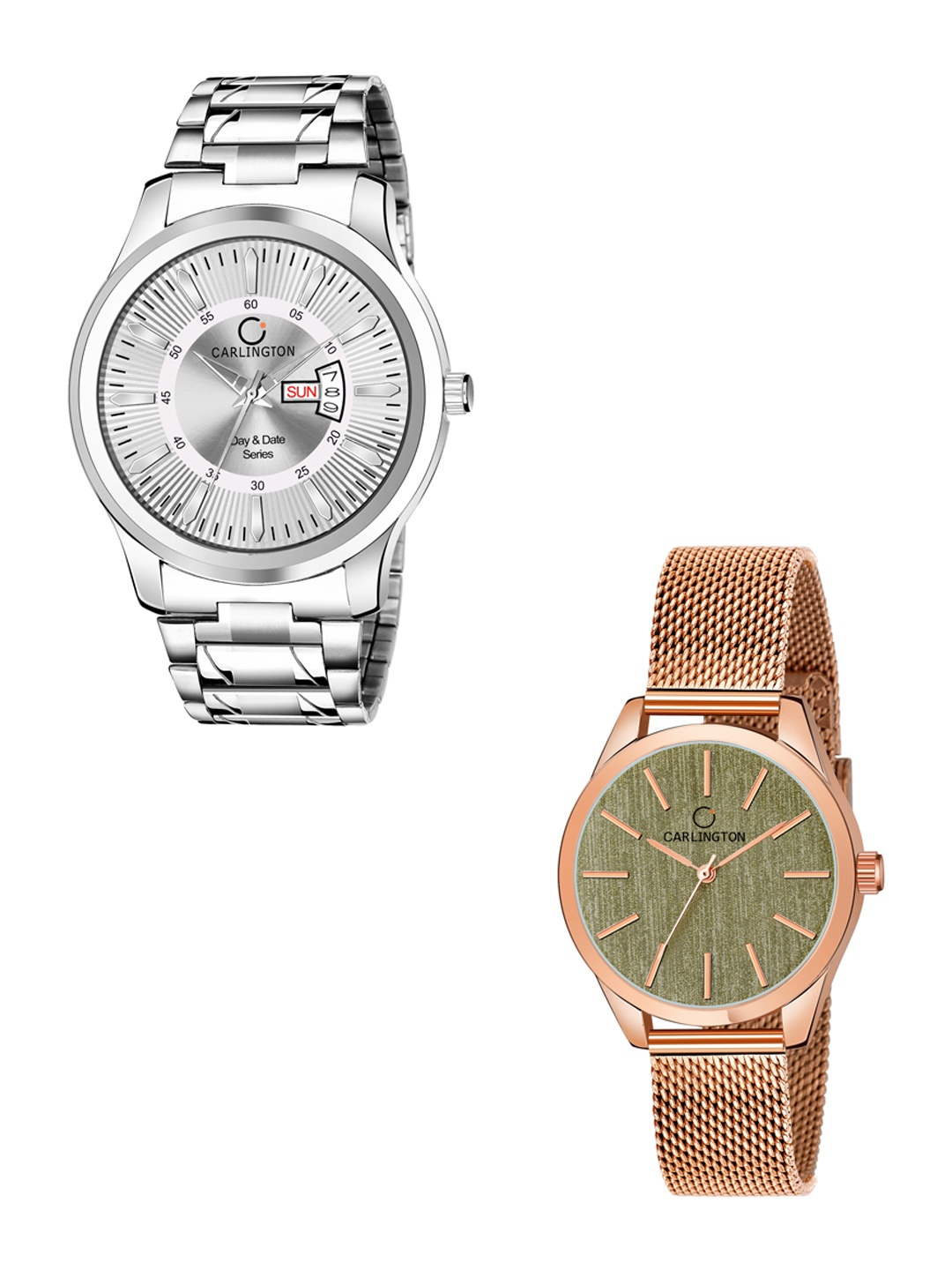 

CARLINGTON Unisex Set of 2 Silver-Toned Dial & Silver Toned Straps Analogue Watch