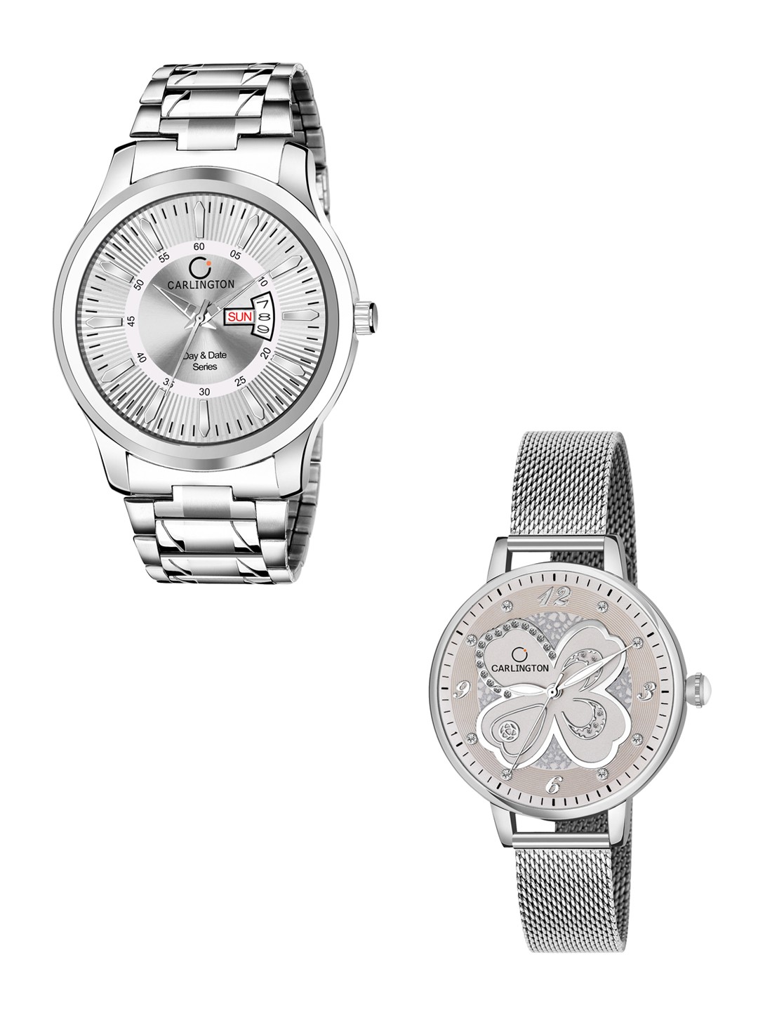 

CARLINGTON Unisex Set of 2 Silver-Toned Dial & Silver Toned Straps Analogue Watch