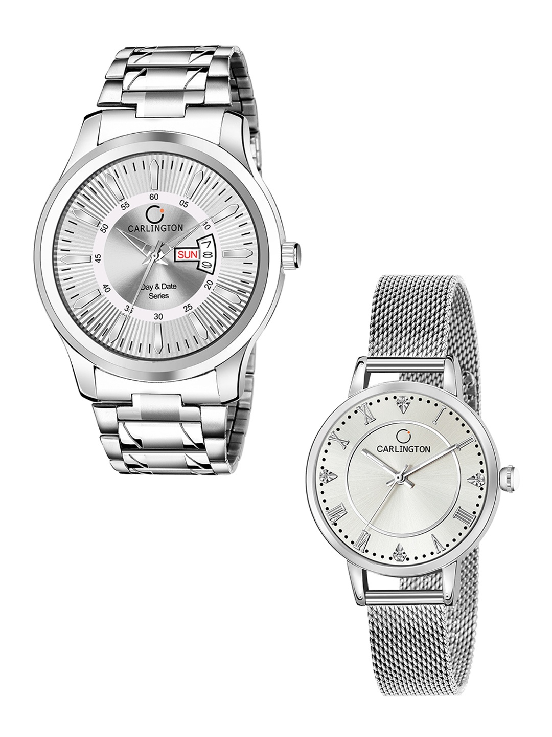

CARLINGTON Unisex Set of 2 Silver-Toned Dial & Silver Toned Straps Analogue Watch