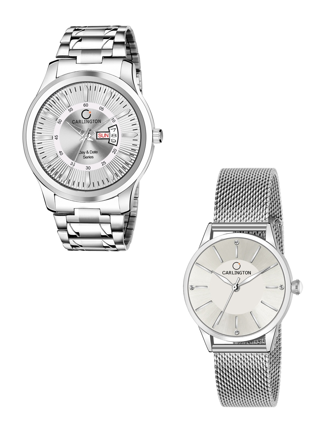 

CARLINGTON Unisex Set of 2 Silver-Toned Printed Dial & Silver Toned Straps Analogue Watch