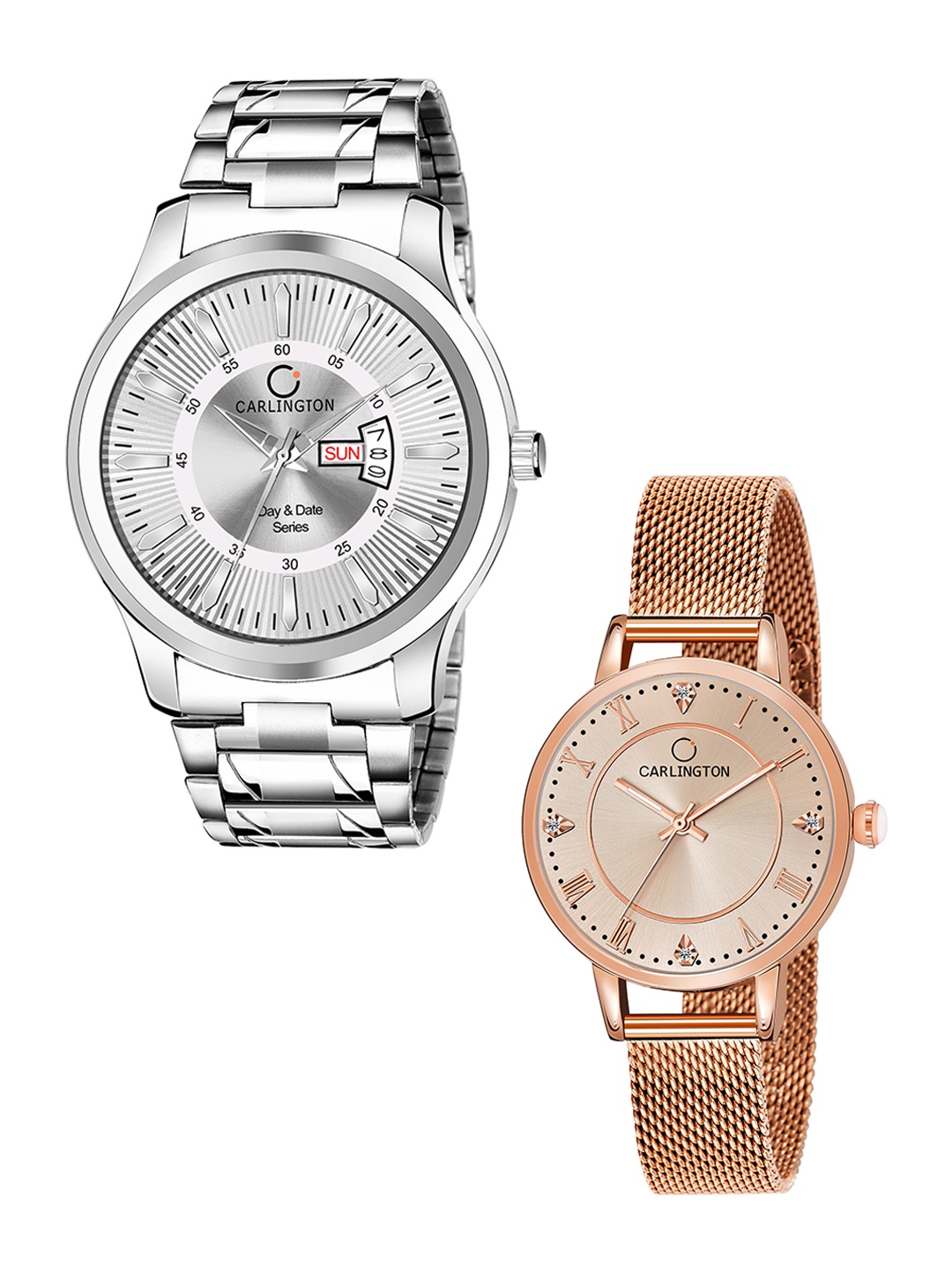 

CARLINGTON Unisex Set of 2 Silver-Toned Dial & Silver Toned Straps Analogue Watch