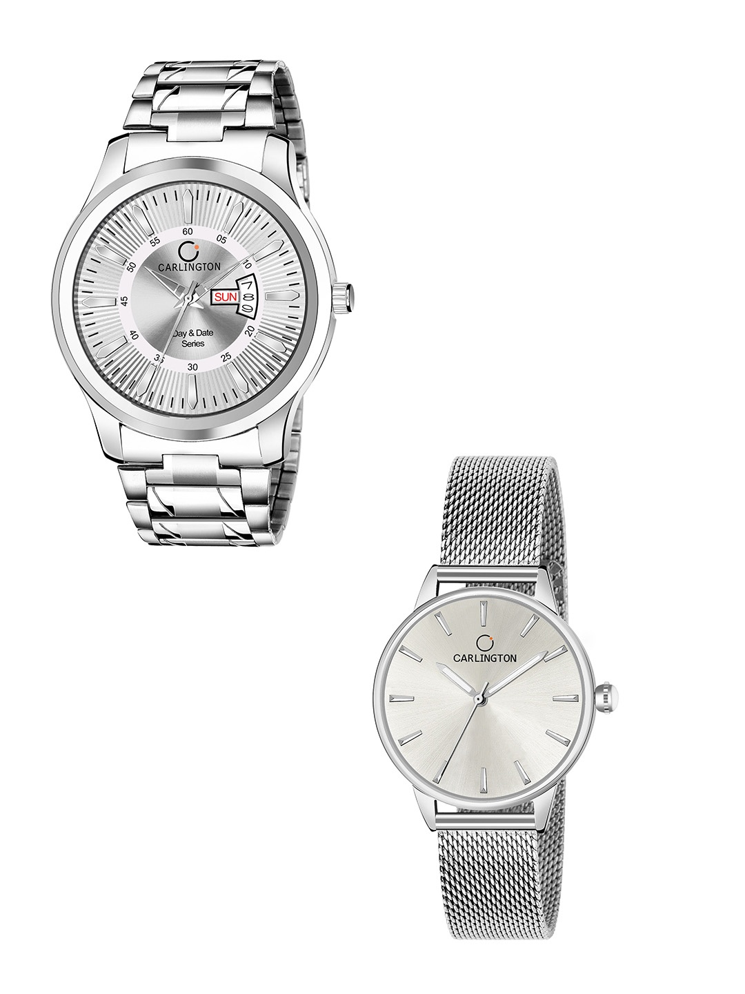 

CARLINGTON Unisex Set of 2 Silver-Toned Dial & Silver Toned Straps Analogue Watch