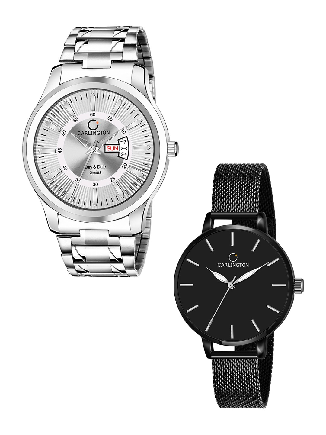

CARLINGTON Unisex Set of 2 Silver-Toned Dial & Silver Toned Straps Analogue Watch