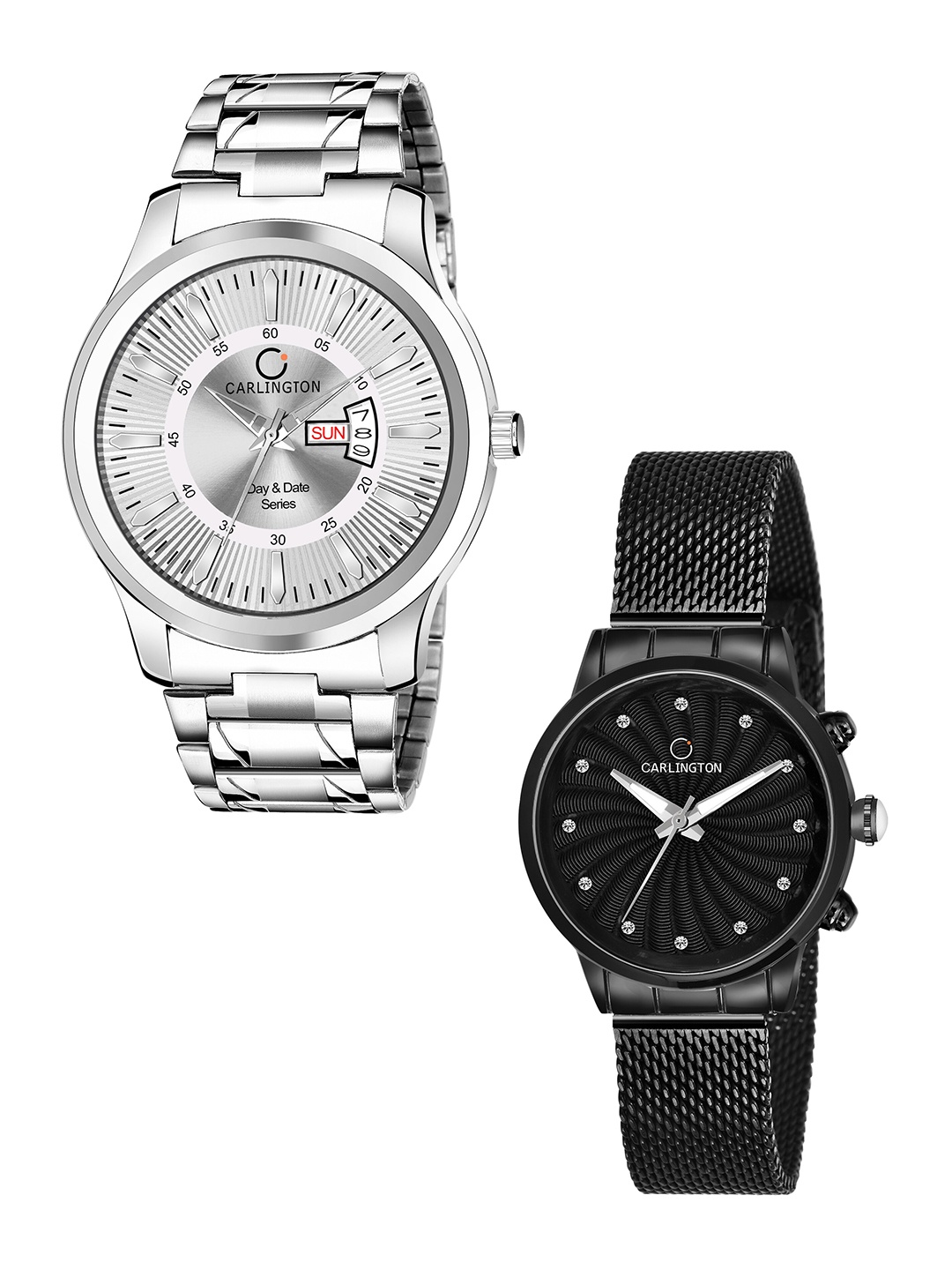 

CARLINGTON Silver & Black Embellished Dial & Bracelet Style Straps Analogue Couple Watch