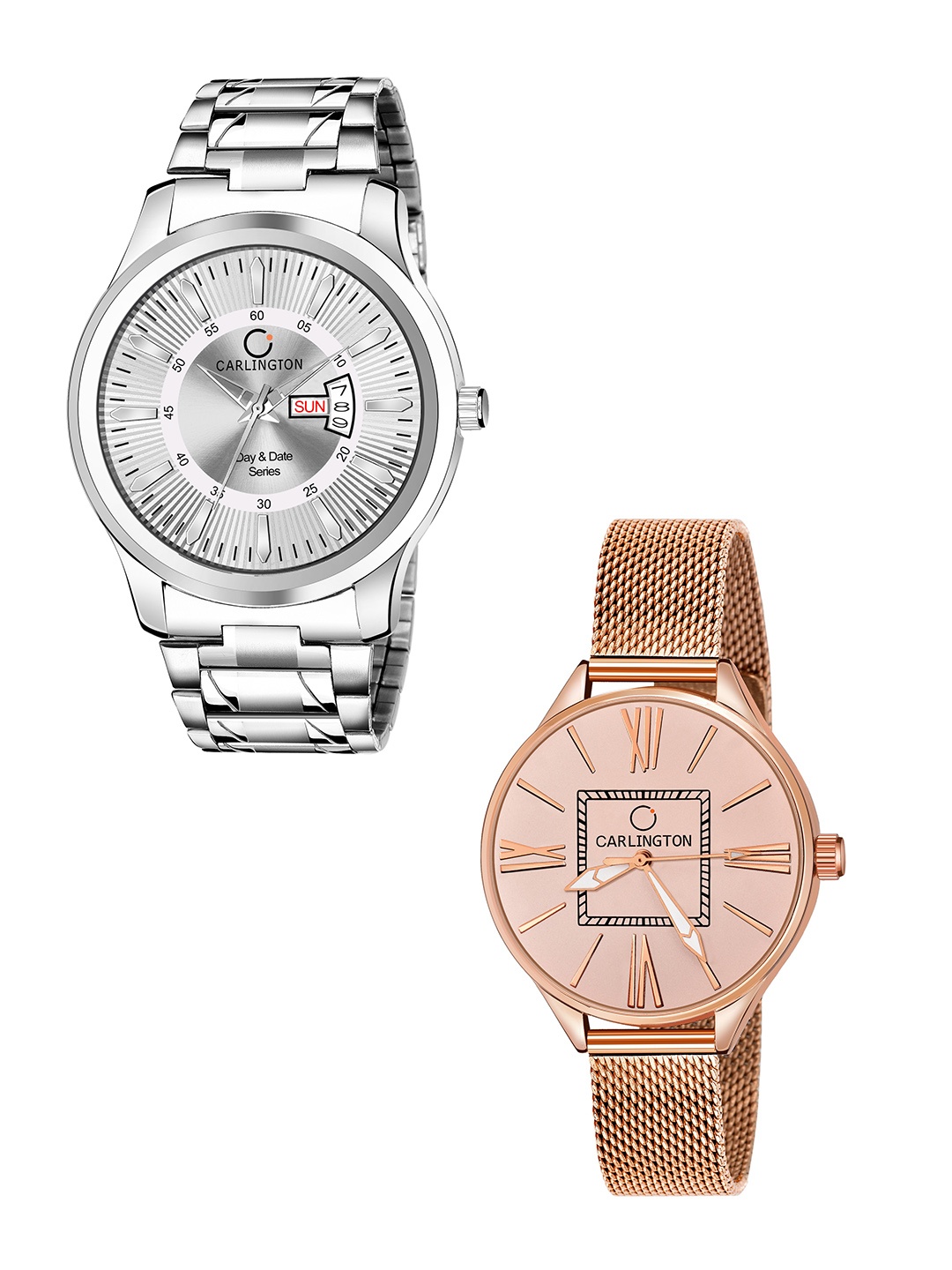 

CARLINGTON Pack Of 2 Bracelet Style Analogue His and Her Watch Combo G01 Silver-CT2015