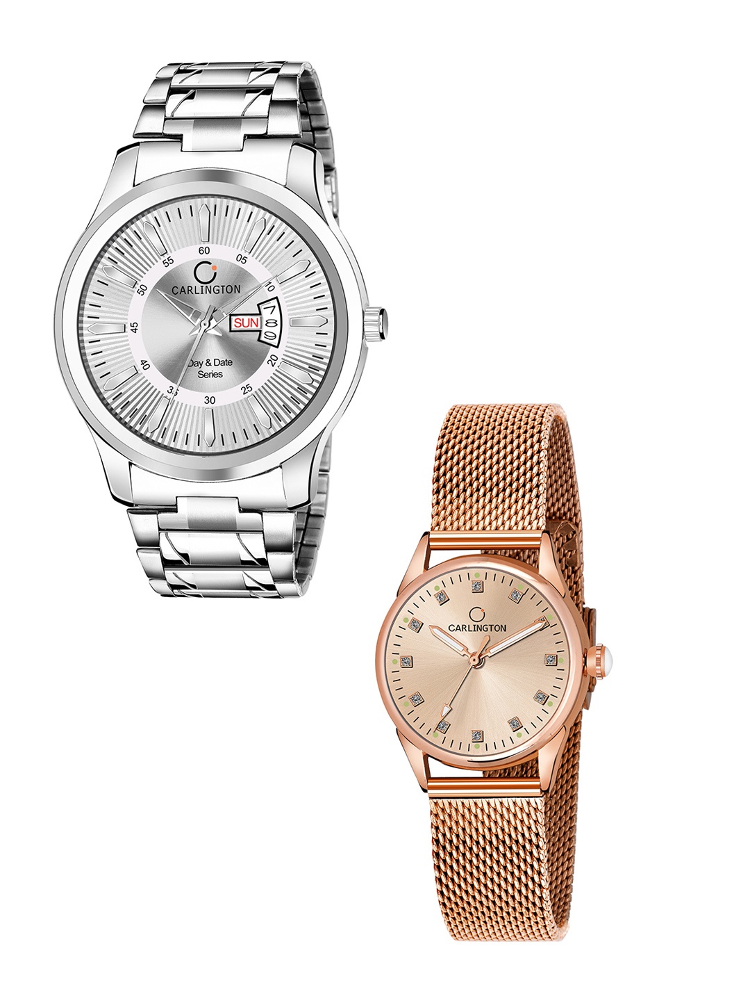 

CARLINGTON Silver & Rose Gold Dial & Bracelet Style Straps Analogue Couple Watches
