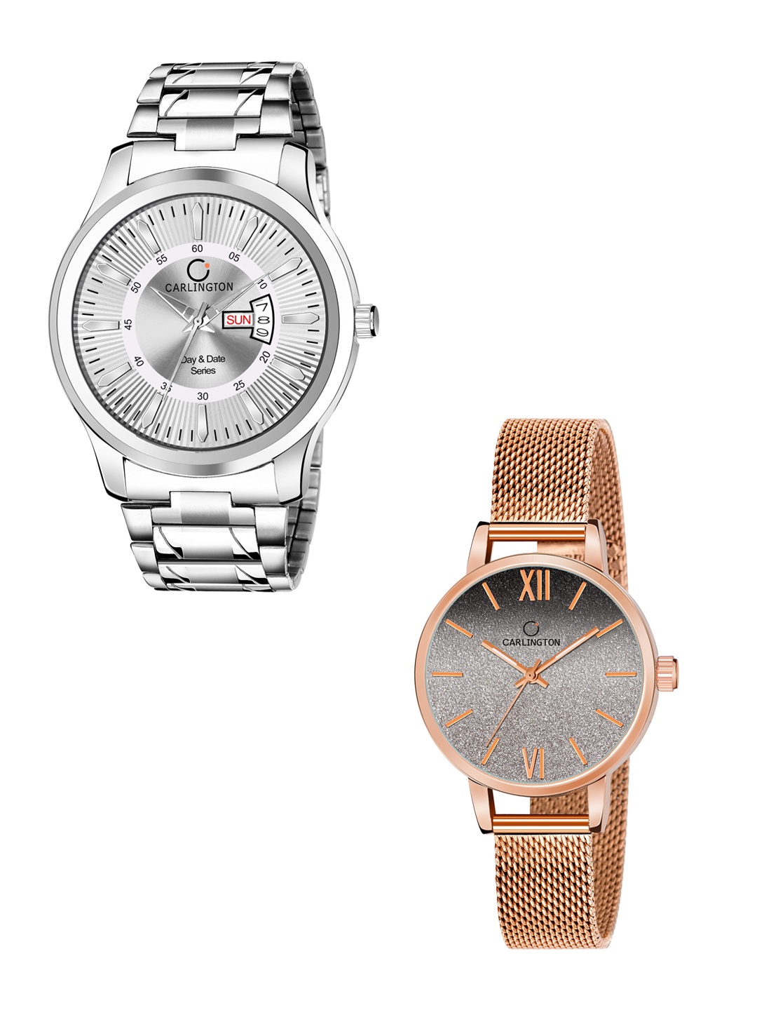 

CARLINGTON Silver & Rose Gold Dial & Bracelet Style Straps Analogue Couple Watches