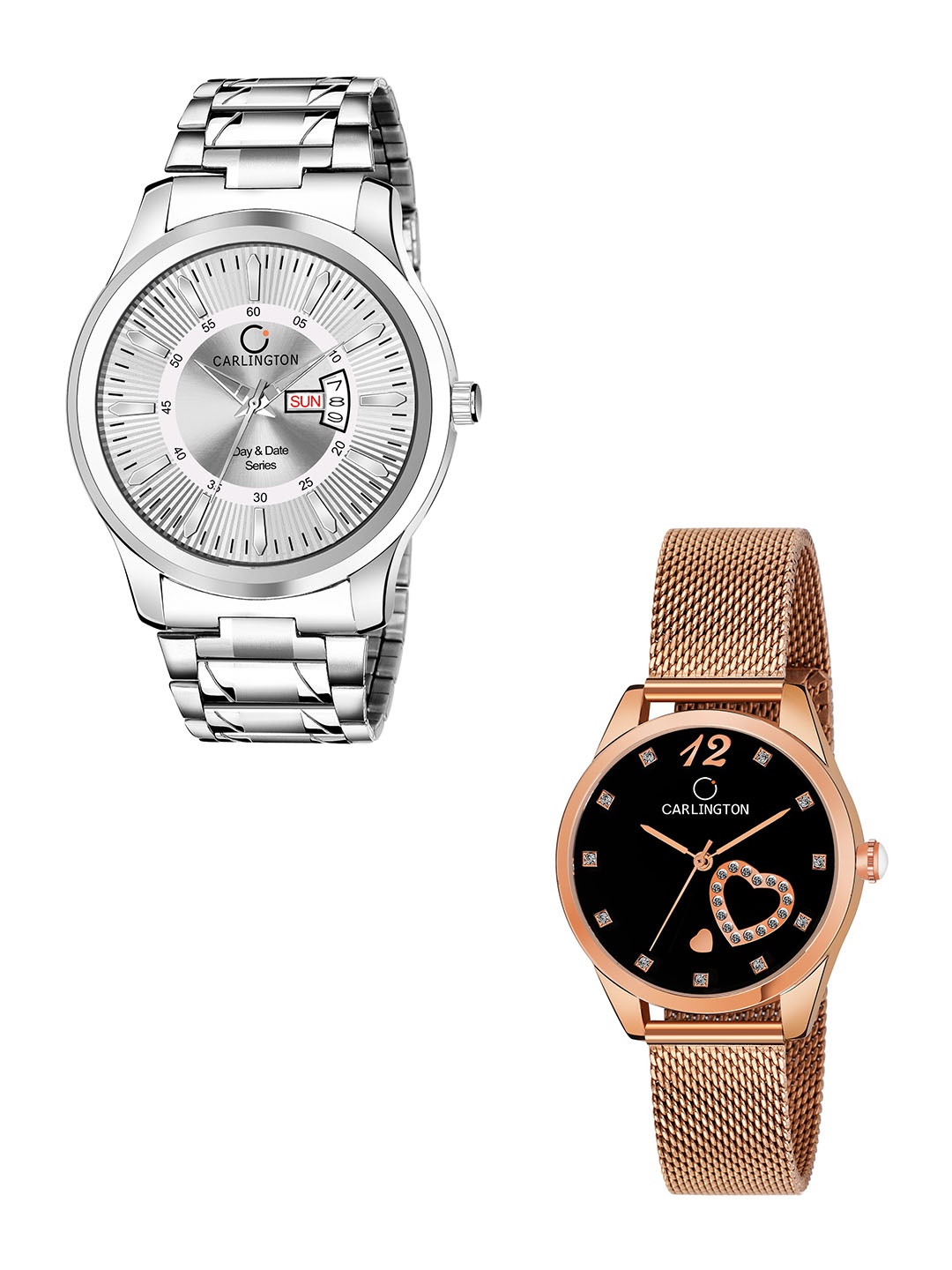 

CARLINGTON Pack Of 2 Bracelet Style Analogue His and Her Watch Combo G01 Silver-CT2006