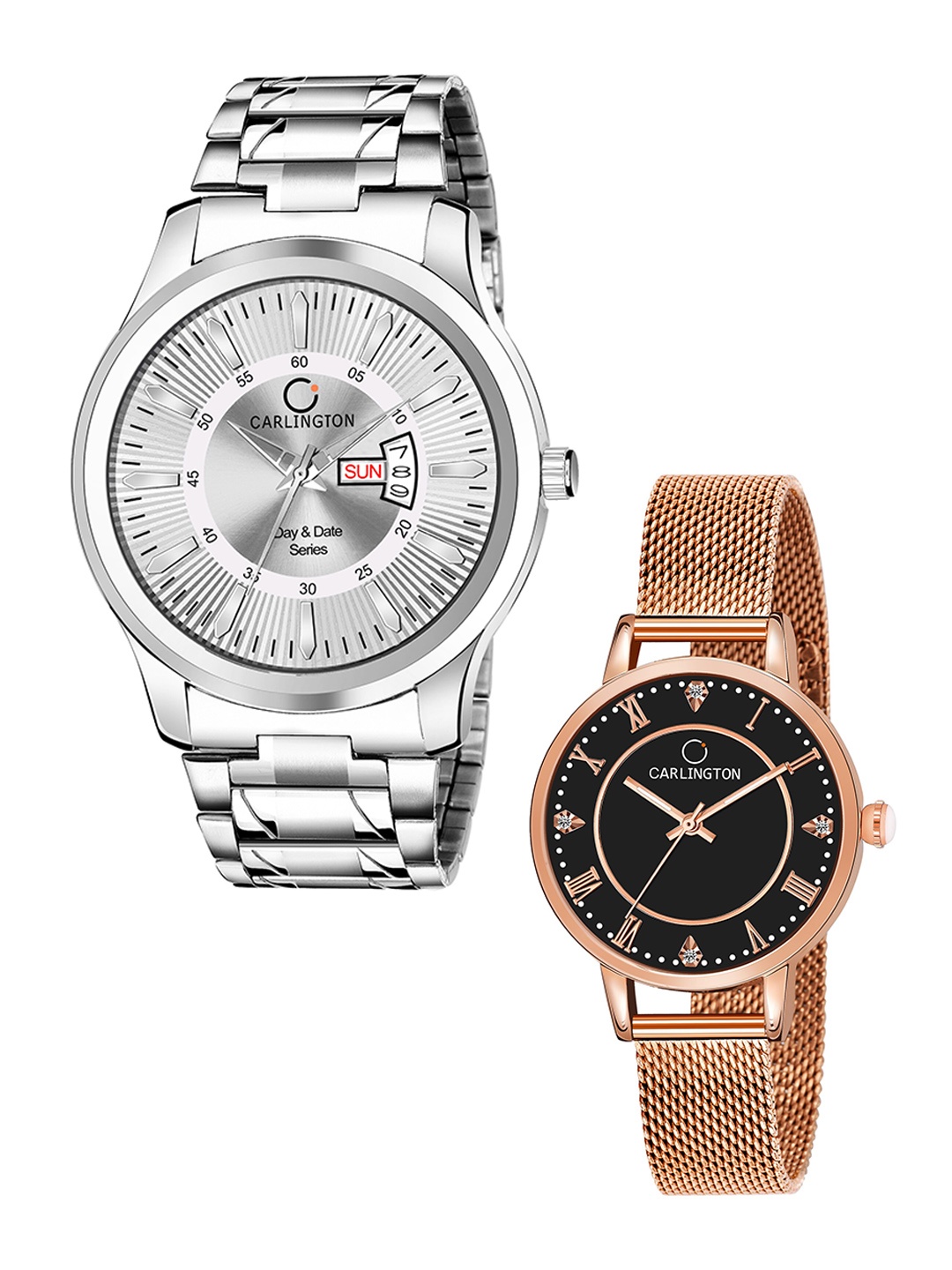 

CARLINGTON Pack Of 2 Bracelet Style Analogue His & Her Watch Combo G01 Silver-CT2013