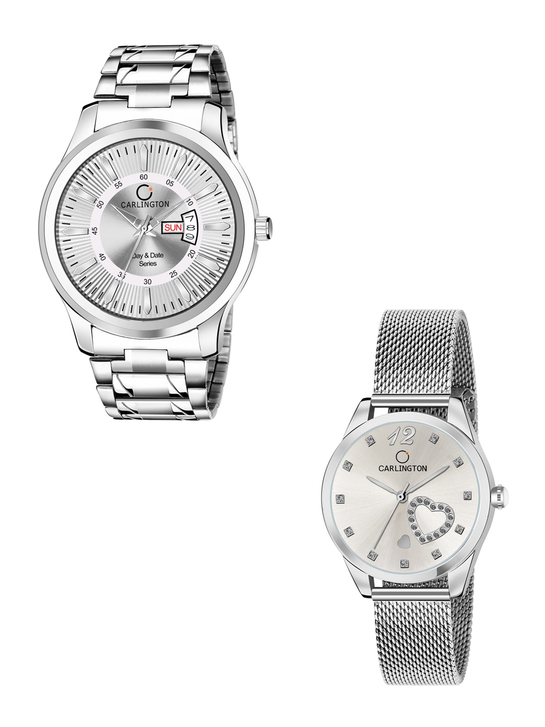 

CARLINGTON Pack Of 2 Bracelet Analogue His & Her Watch Combo G01 Silver-CT2006