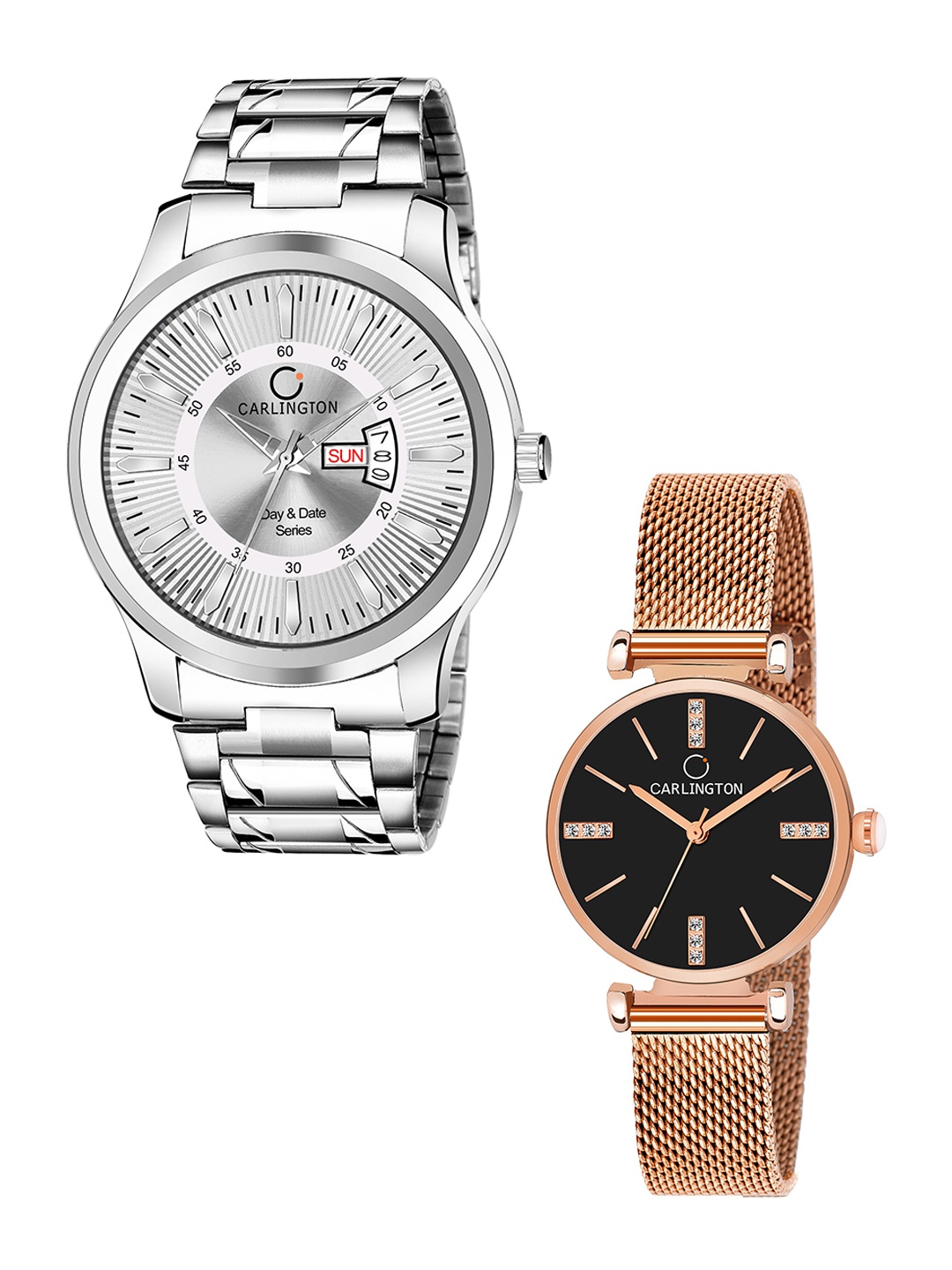 

CARLINGTON Pack Of 2 Style Analogue His & Her Watch Combo G01 Silver-CT2011