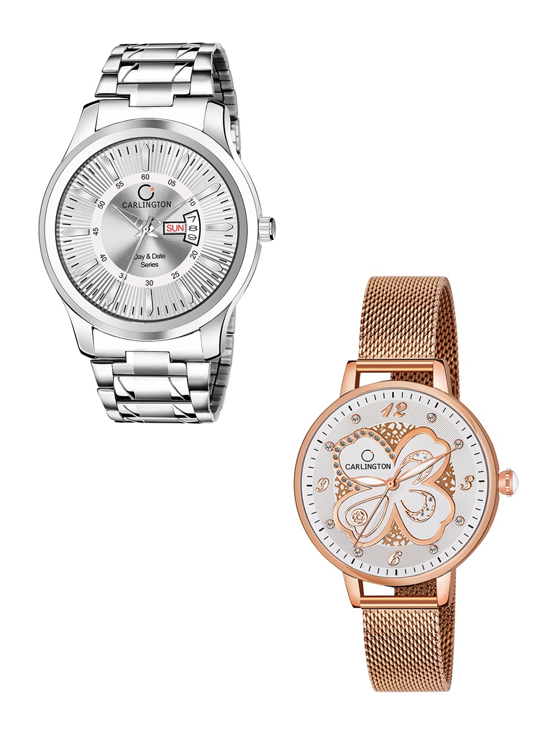 

CARLINGTON Gold Set of 2 Analogue Watch Combo G01 Silver-CT2019 RoseWhite-Multicolor