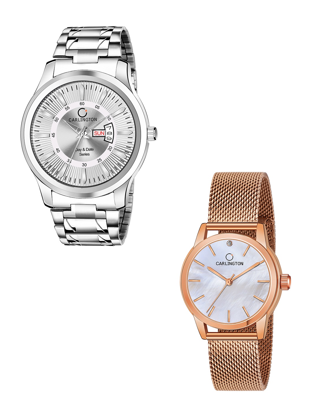 

CARLINGTON Gold Set of 2 Analogue Watch Combo G01 Silver-CT2010 RoseWhite-Multicolor