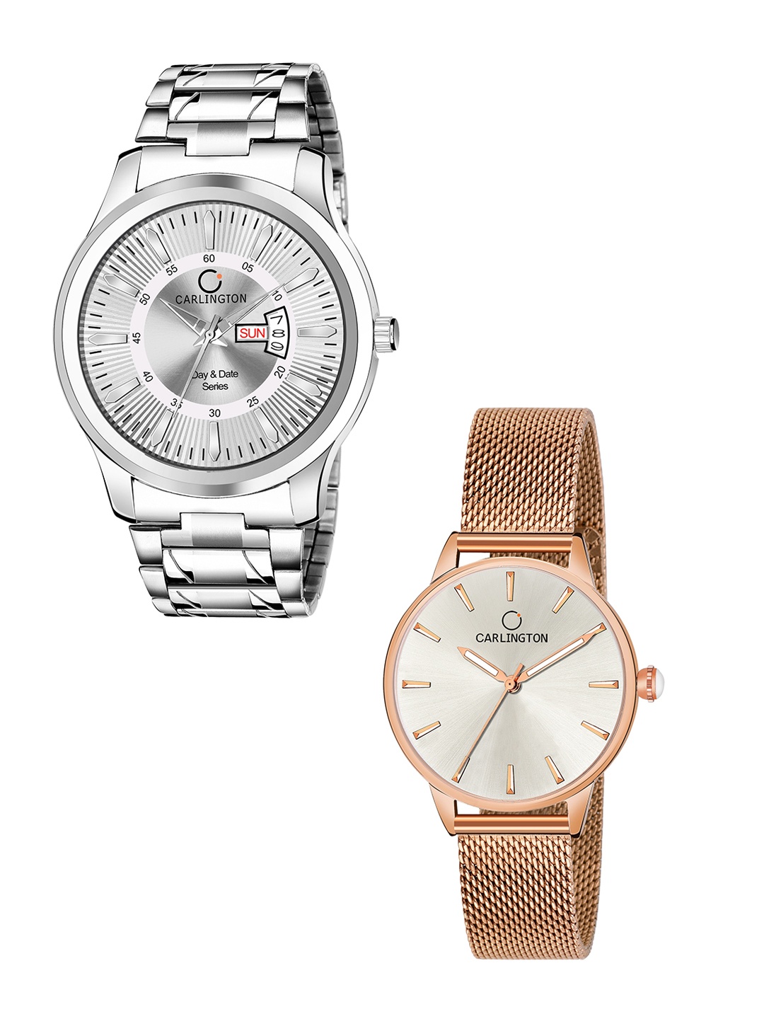 

CARLINGTON Gold Set of 2 Analogue Watch Combo G01 Silver-CT2007 RoseWhite-Multicolor