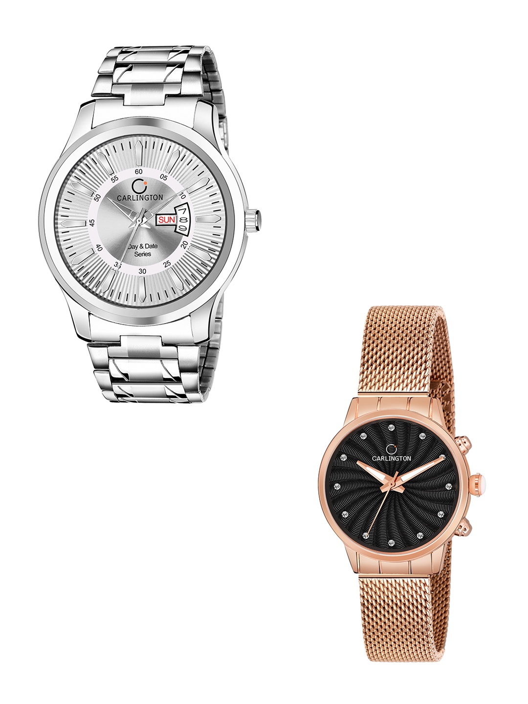 

CARLINGTON Unisex Gold-Toned Embellished Dial & Gold Toned Leather Bracelet Style Straps Analogue Watch, Silver