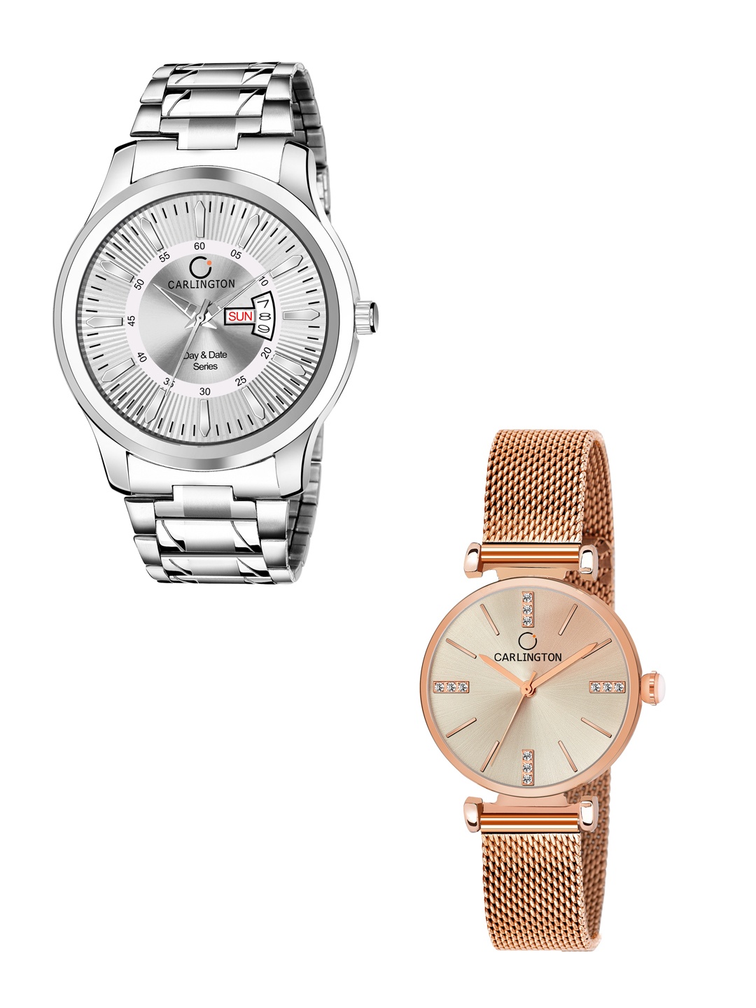 

CARLINGTON Gold Set of 2 Analogue Watch Combo G01 Silver-CT2011 RoseGold-Multicolor