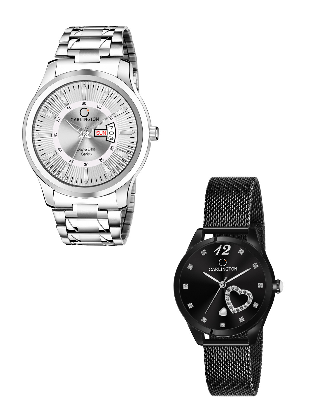 

CARLINGTON Unisex Black Embellished Dial & Black Stainless Steel Bracelet Style Straps Analogue Watch, Silver