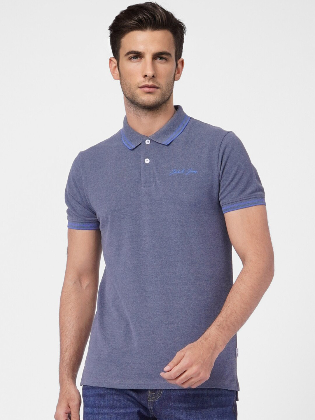

Jack & Jones Men Blue Brand Logo Polo Collar Slim Fit Cotton T-shirt