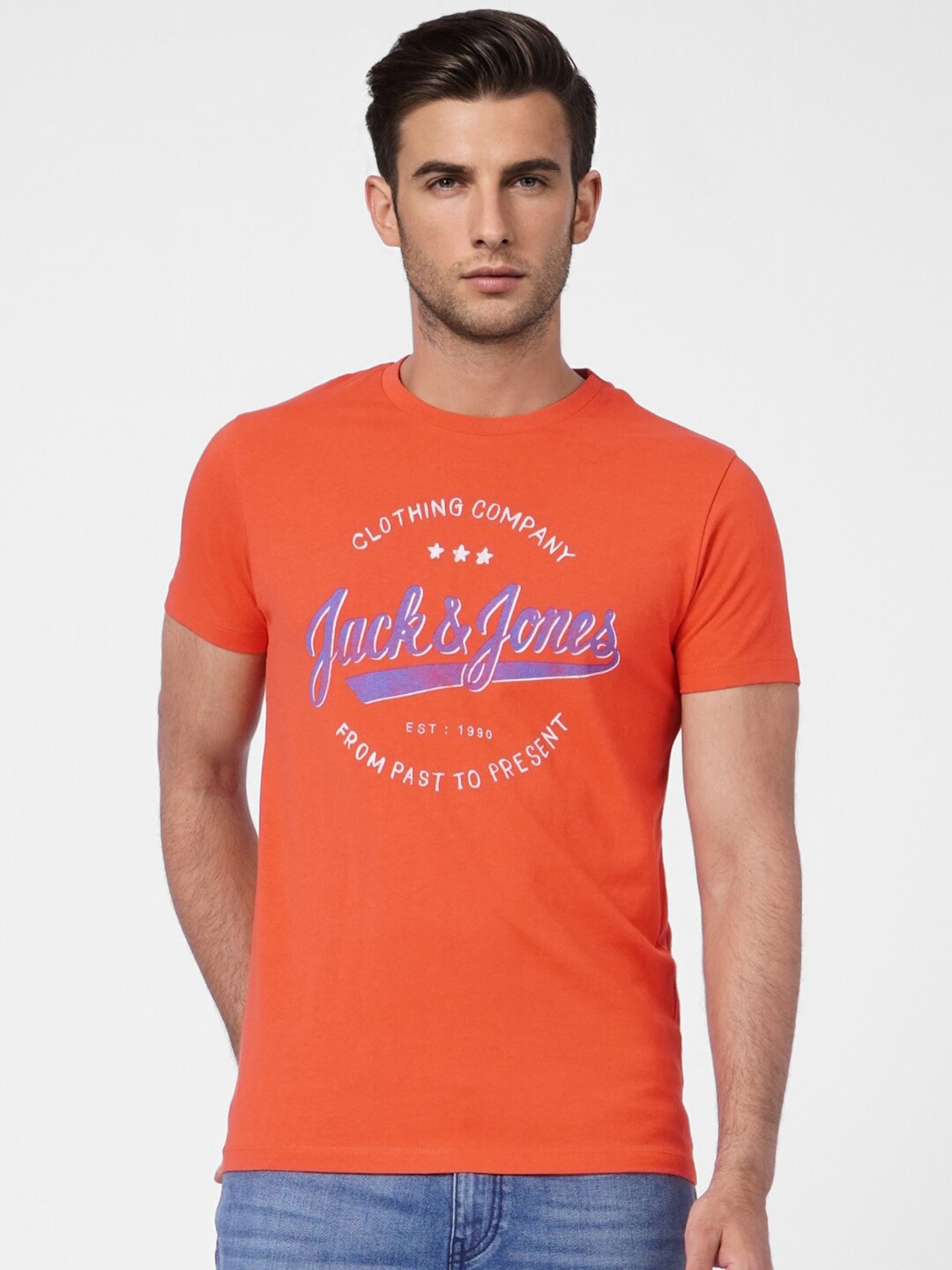 

Jack & Jones Men Orange Typography Printed Slim Fit Cotton T-shirt