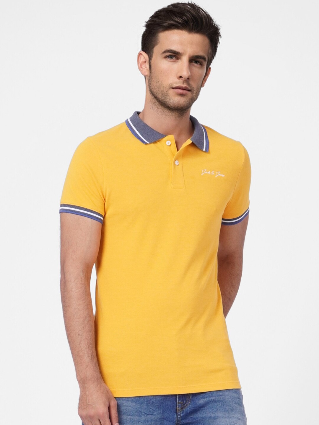 

Jack & Jones Men Yellow Striped Polo Collar Slim Fit Cotton T-shirt