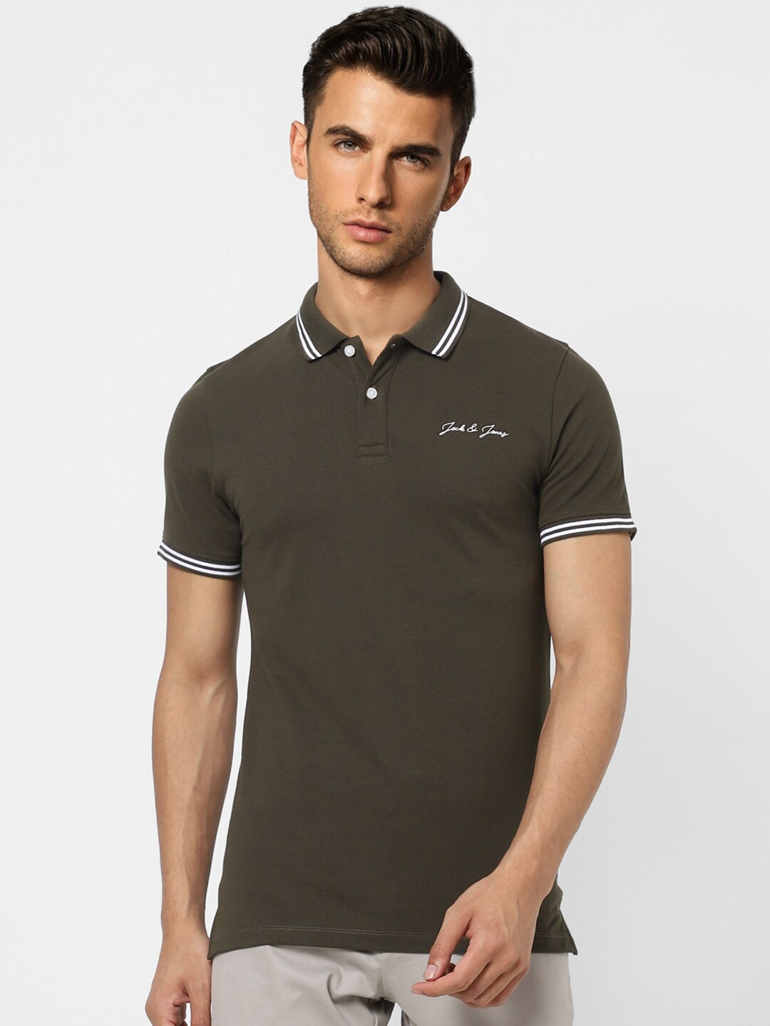 

Jack & Jones Men Olive Green Striped Polo Collar Slim Fit Cotton T-shirt