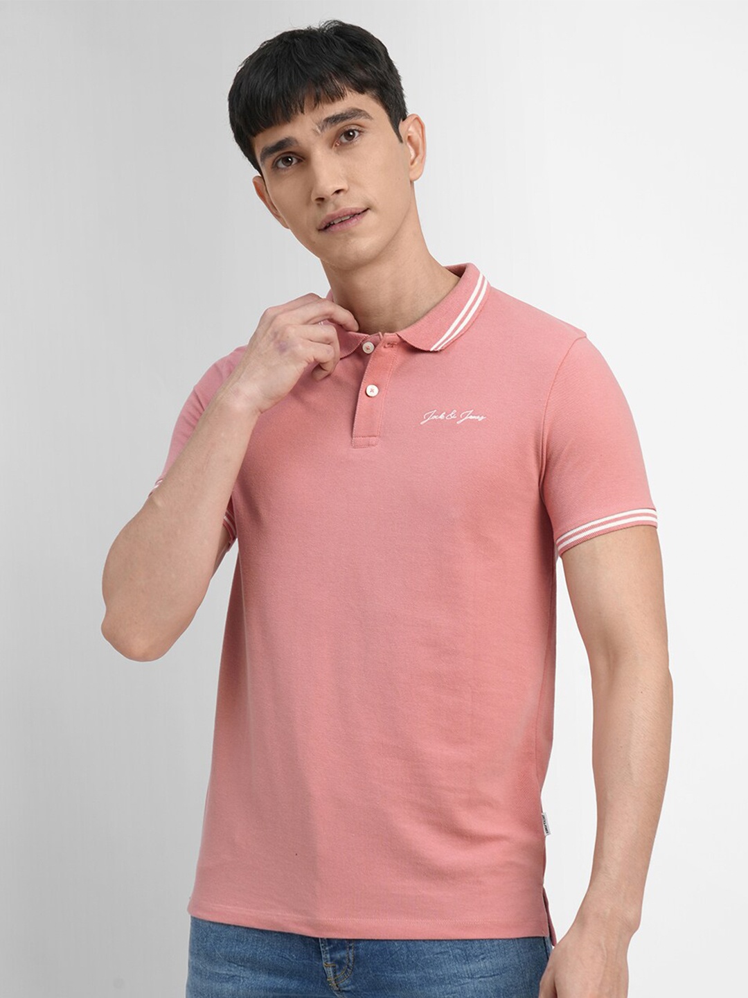 

Jack & Jones Men Mauve Striped Polo Collar Slim Fit Cotton T-shirt