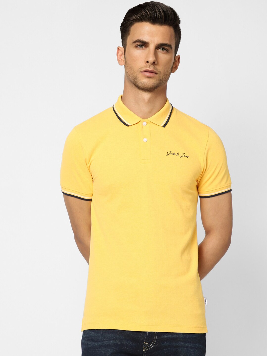 

Jack & Jones Men Yellow Striped Polo Collar Slim Fit Cotton T-shirt