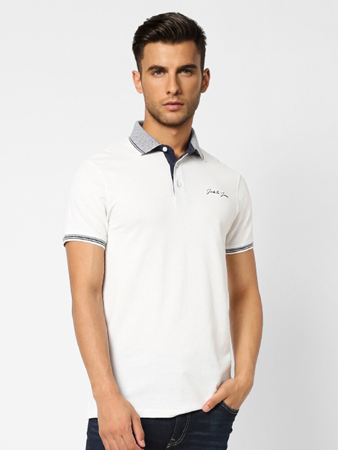 

Jack & Jones Men White Striped Polo Collar Slim Fit Cotton T-shirt